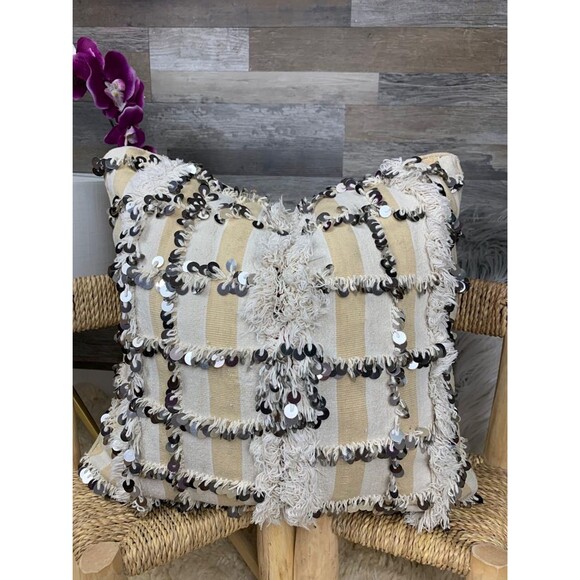 Vintage Moroccan Wedding Blanket Pillow, Sequined Handira Cushion 03YS00937 - Picture 10 of 10
